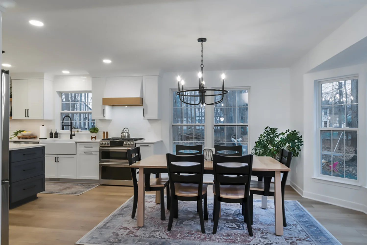 Kitchen and dining space viewed together