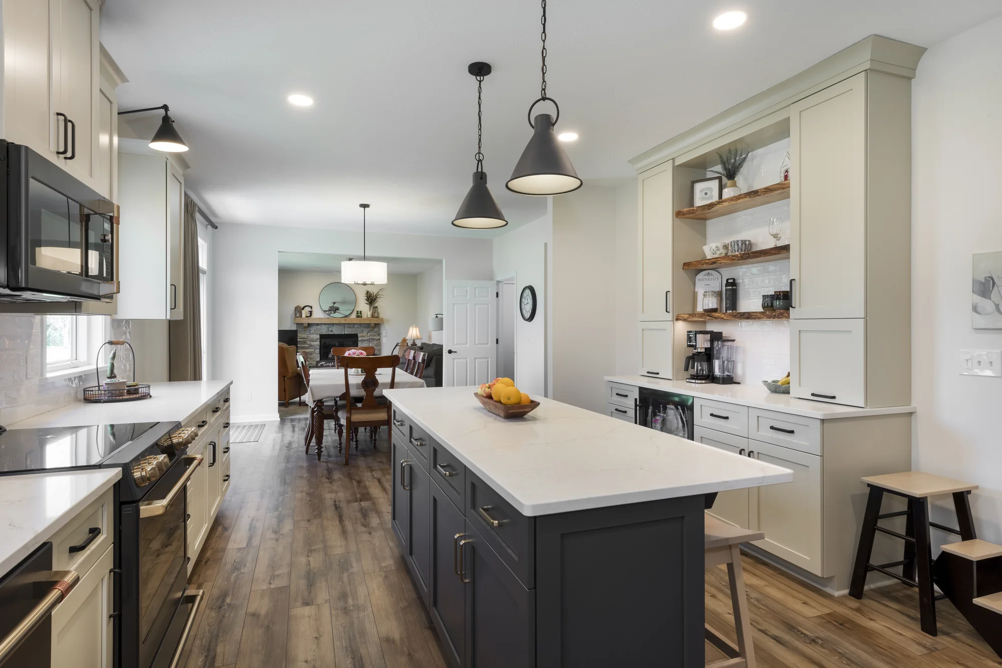 Kitchen island viewed toward the adjoining dining space